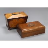A Georgian burr maple tea caddy and a carved crested box