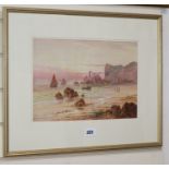 Sidney Yates Johnson, watercolour, Fisherfolk on the beach at low tide, monogrammed, 24 x 35cm