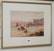 Sidney Yates Johnson, watercolour, Fisherfolk on the beach at low tide, monogrammed, 24 x 35cm