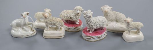 Six Staffordshire porcelain figures of a sheep and a similar white hind, c.1840-50, including a pair