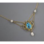 An early 20th century Art Nouveau 15ct, turquoise and baroque pearl set pendant necklace by Murrle