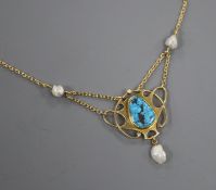 An early 20th century Art Nouveau 15ct, turquoise and baroque pearl set pendant necklace by Murrle