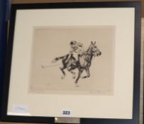 Diana Thorne, (1895-1963), pencil signed dry-point etching, 1920's, "Warming Up" Polo player strikes