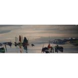 George R. Deakins, oil on board, Fishing boats in harbour, signed, 29 x 80cm