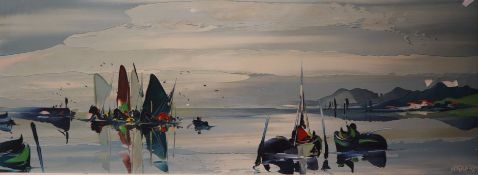 George R. Deakins, oil on board, Fishing boats in harbour, signed, 29 x 80cm