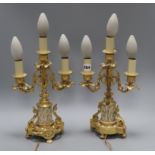 A pair of ormolu three light candelabra