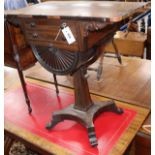 A George IV rosewood work table with carved well on pillar and quadripartite base (a.f.) W.69cm