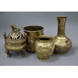 Four 19th / 20th century Chinese bronze vessels including a censer and cover two vases and a