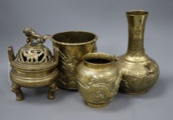 Four 19th / 20th century Chinese bronze vessels including a censer and cover two vases and a