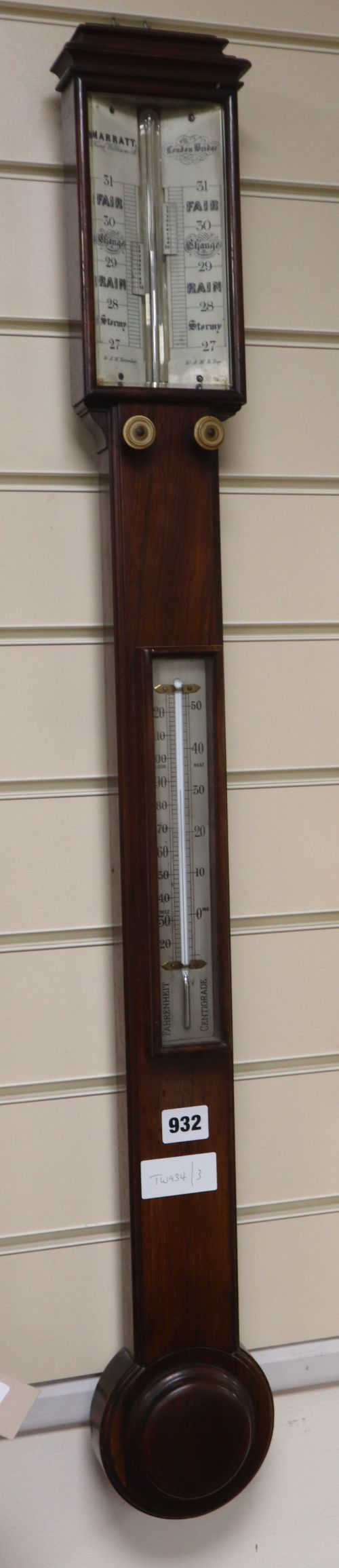 A Victorian rosewood stick barometer, Marratt, London Bridge H.96cm