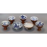 Five Chinese cafe au lait glazed stem bowls and two other bowls