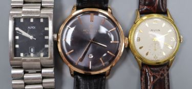 A gentleman's steel and gold plated Avia manual wind wrist watch and two other wrist watches.