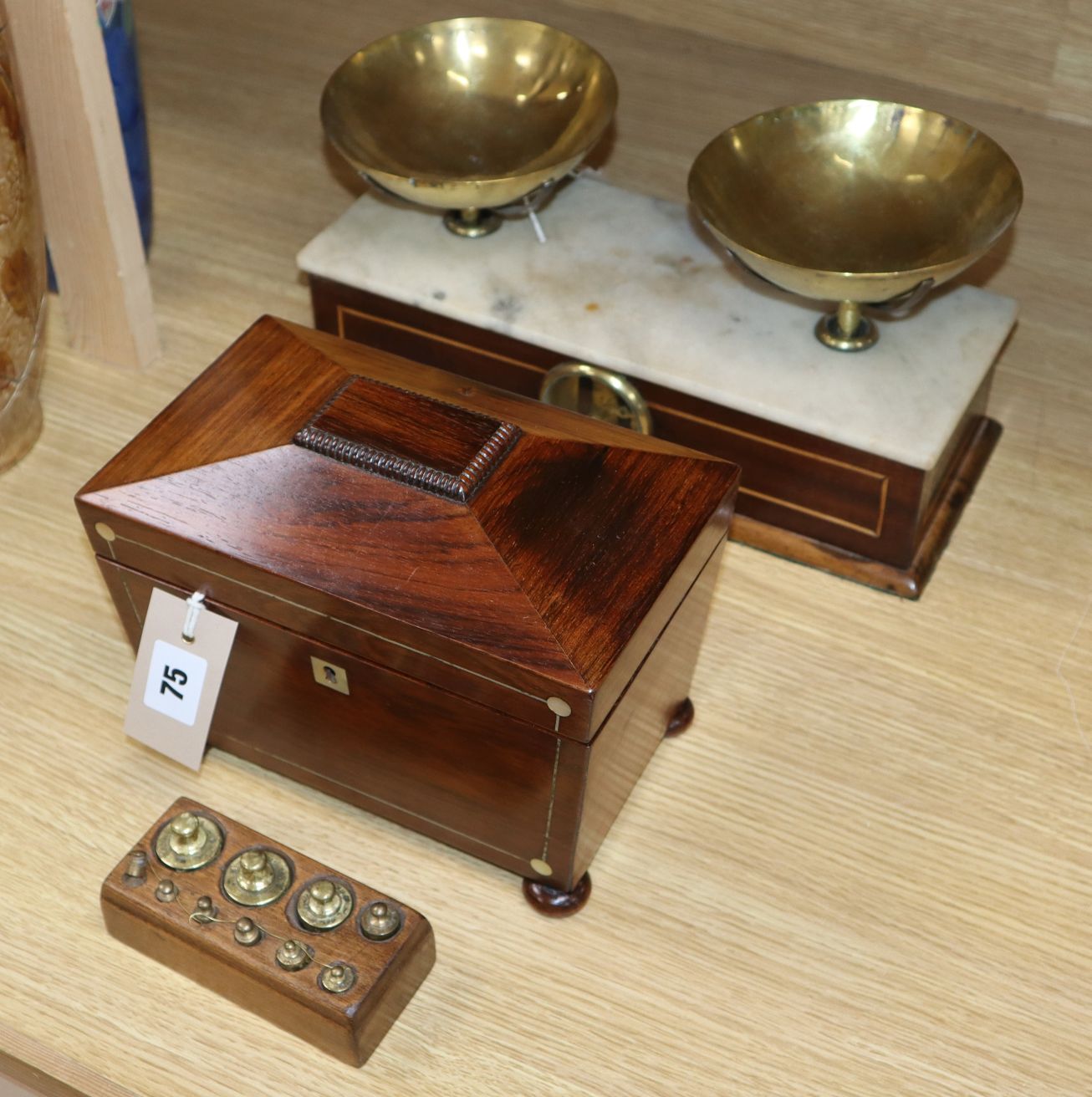 A set of 19th century French brass and mahogany scales with metric weights and a 19th century
