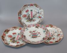 Four 18th century Chinese famille rose plates, three octagonal, one circular length 23cm