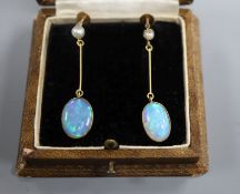 A pair of 9ct, cabochon white opal and cultured pearl set drop earrings, 34mm.