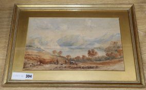 Copley Fielding, watercolour, Cowherd in a landscape, signed and dated 1827, 22 x 38cm