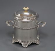A silver plated biscuit barrel by Atkins Bros., ivory handle height 19cm