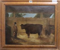 19th century Primitive School, oil on canvas, Naive study of a farmer and prize heffer in a