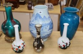 A Chinese blue and white vase, two polychrome vases, two glass vases etc.