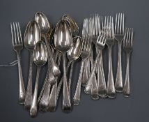 A harlequin part canteen of 18th and 19th century silver Old English beaded pattern flatware,