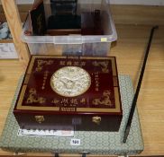 A Chinese bronze fangding, various gilt metal plaques, a medal, chopsticks and a copy of an Imperial