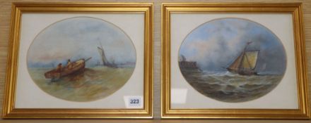 H.J. Anderson, pair of oils on board, Fishing boats at sea, signed, ovals, 23 x 28cm