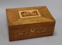 A Victorian Tunbridgeware work box decorated with Eridge Castle view and hunting hounds length 31cm