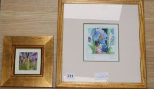 Shirley Trevena, two watercolours, Studies of Irises and blue poppies, 14 x 13cm and 7 x 7cm