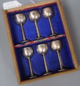 An early 20th century boxed set of six Chinese Export white metal liqueur goblets, maker probably