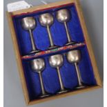 An early 20th century boxed set of six Chinese Export white metal liqueur goblets, maker probably