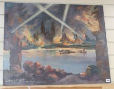 Fritz Boles Tawtrilz, oil on board, 'Cologne under bombardment', signed and dated 1943, 61 x 76cm,