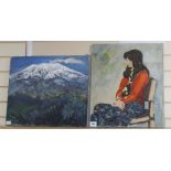 Rmizuno (Japanese School), 2 oils on canvas, View of a snowcapped mountain and Portrait of a