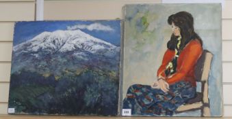 Rmizuno (Japanese School), 2 oils on canvas, View of a snowcapped mountain and Portrait of a