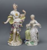 A 19th century Meissen figure of a seated lady feeding a cat and a Meissen allegorical figure, c.