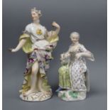 A 19th century Meissen figure of a seated lady feeding a cat and a Meissen allegorical figure, c.