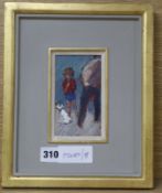 Peter Coker, oil on board, Man, boy and dog, inscribed verso, 12 x 7cm