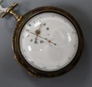 A George III gilt metal and under-painted horn pair cased verge pocket watch by Tho. Delasalle,