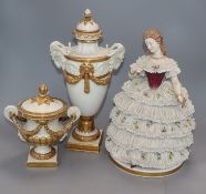 A Crown Naples crinoline figure and vases and covers, early 20th century, tallest 33cm