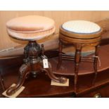 A late Victorian inlaid mahogany adjustable music stool and a similar carved walnut stool