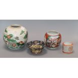 A 19th century Chinese famille verte jar, a 'shou medallion' pot, a damaged teapot and a pedestal