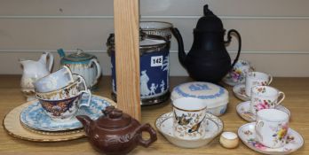 A Jasperware biscuit barrel, a Derby part tea set, etc.