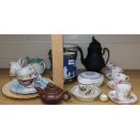 A Jasperware biscuit barrel, a Derby part tea set, etc.