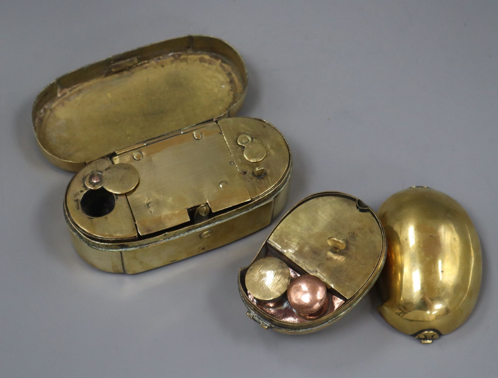 Two Victorian brass travelling wax seal sets