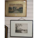 James Moore, watercolour, Figure on a lane, signed, 23 x 37cm and an etching by James Knight of a