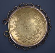 A French 1855 20 franc yellow gold coin, with 9ct pendant mount.