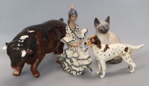 A Lladro figure, a Copenhagen Siamese cat, a Beswick dog and a Sylvac bull