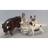 A Lladro figure, a Copenhagen Siamese cat, a Beswick dog and a Sylvac bull
