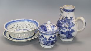 A 19th century Chinese blue and white chestnut basket on stand and two other items (very a.f.)