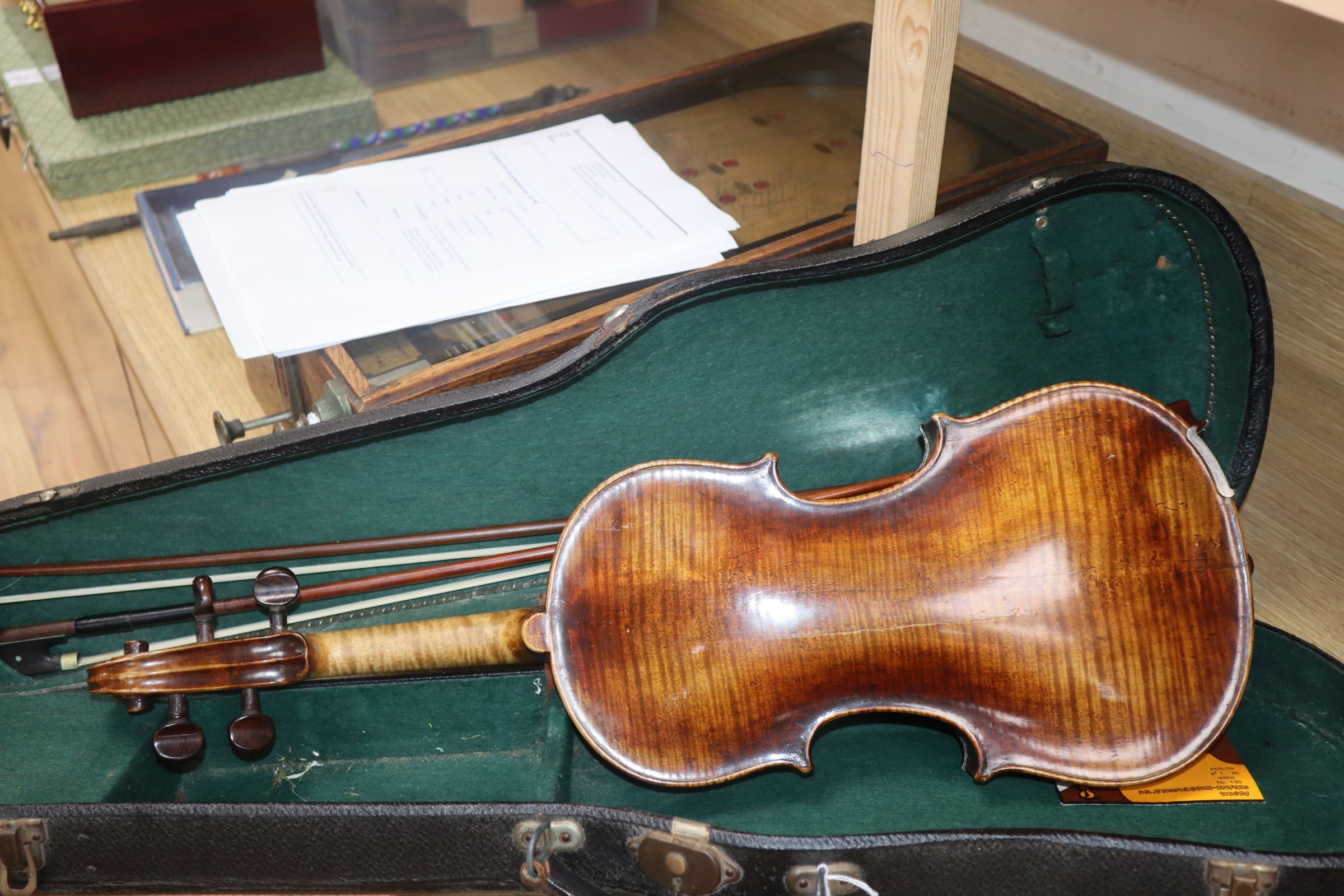 A late 19th / early 20th century Boosey & Co full size violin, cased with 2 bows - Image 5 of 10
