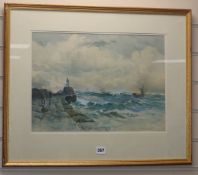 Scottish School, watercolour, Fishing boats alongside a jetty, indistinctly signed and dated 1926,